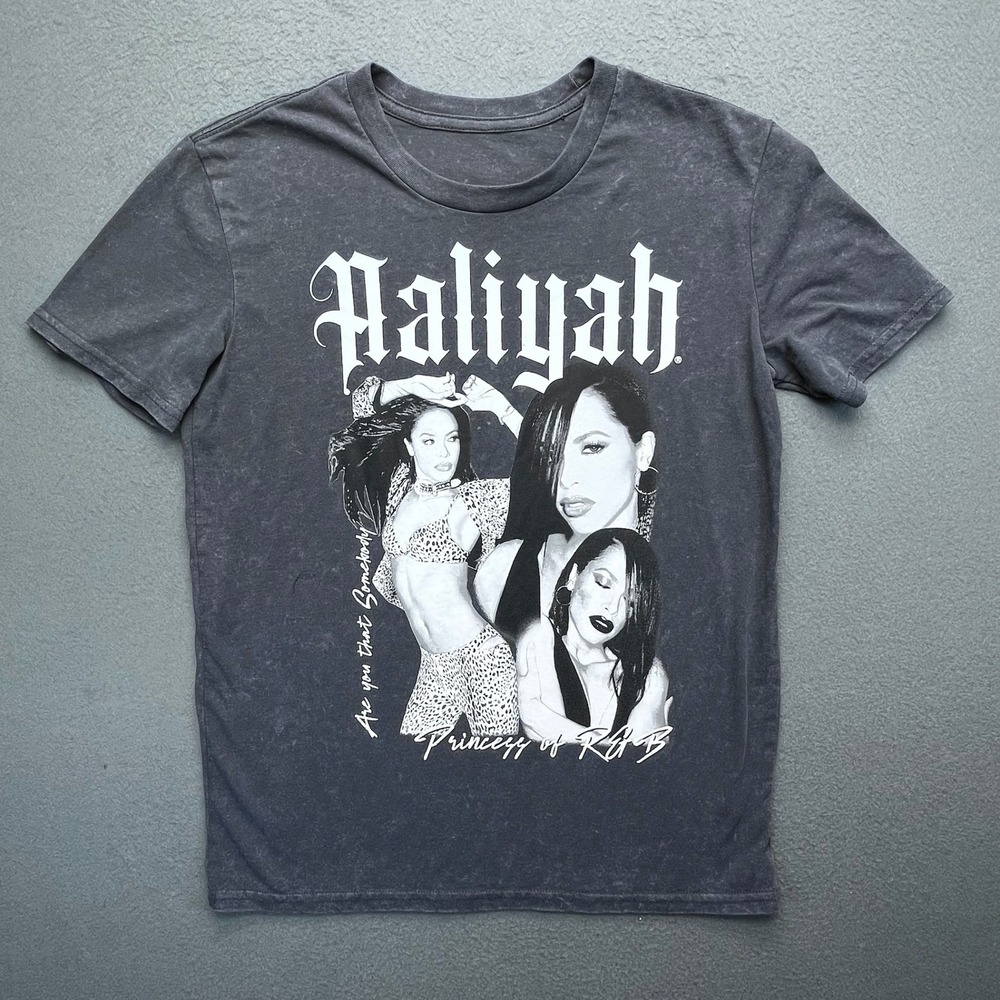Aaliyah Princess of R&B Graphic T-Shirt Acid Wash Charcoal Grey Small S